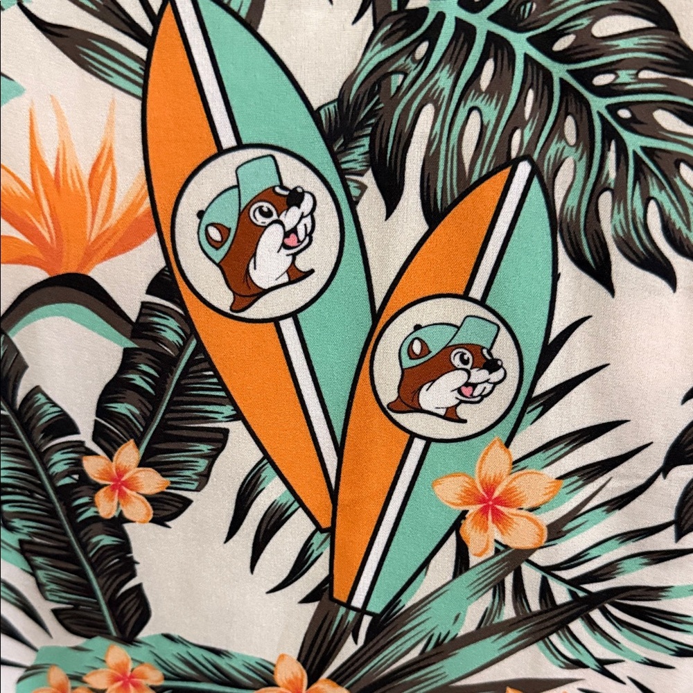 Buc-ee’s Men's Short-Sleeve Tropical Button-Down Shirt - Orange & Teal 2X - Picture 4 of 6